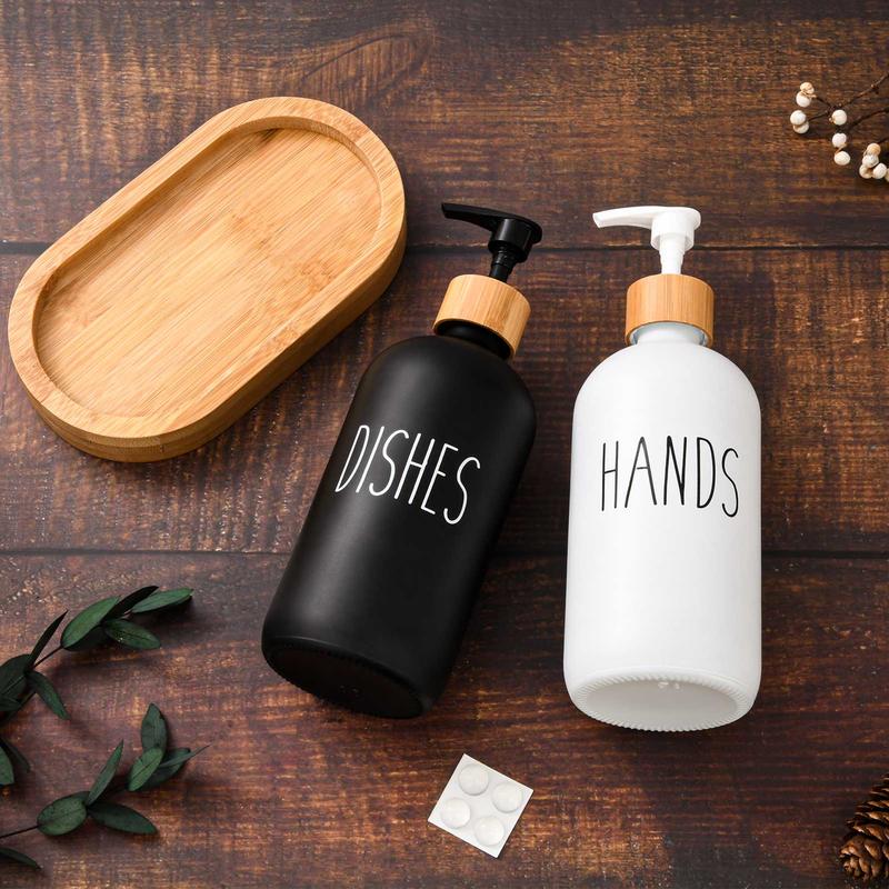 Soap Dispenser Set, 2 Counts set Hand and Dish Soap Dispenser with Wooden Tray Base, Kitchen Soap Dispenser Set, Bathroom Supplies