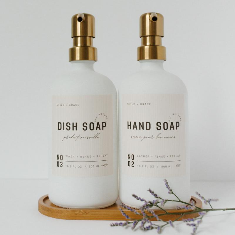 White 16oz Glass Soap Dispenser Set with Non-Slip Bamboo Tray | Gold Stainless Steel Pumps | 12 Matte Waterproof Labels - Hand Soap, Dish Soap, Lotion | Premium anthropologie Kitchen and Bathroom soapdispenser