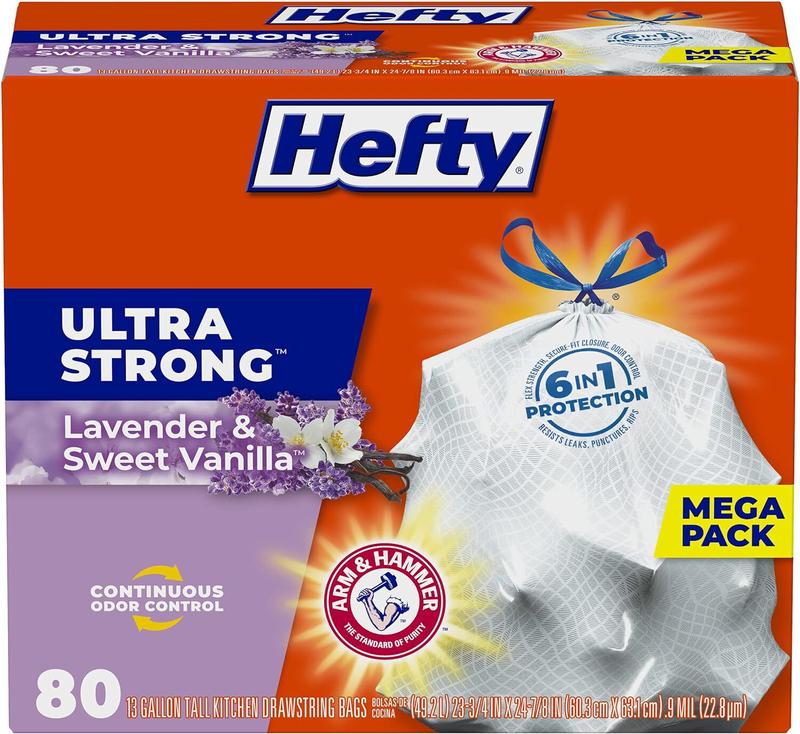 Hefty Ultra Strong Tall Kitchen Trash Bags, Lavender & Sweet Vanilla Scent, 13 Gallon, 80 Count Household Pack Drawstring