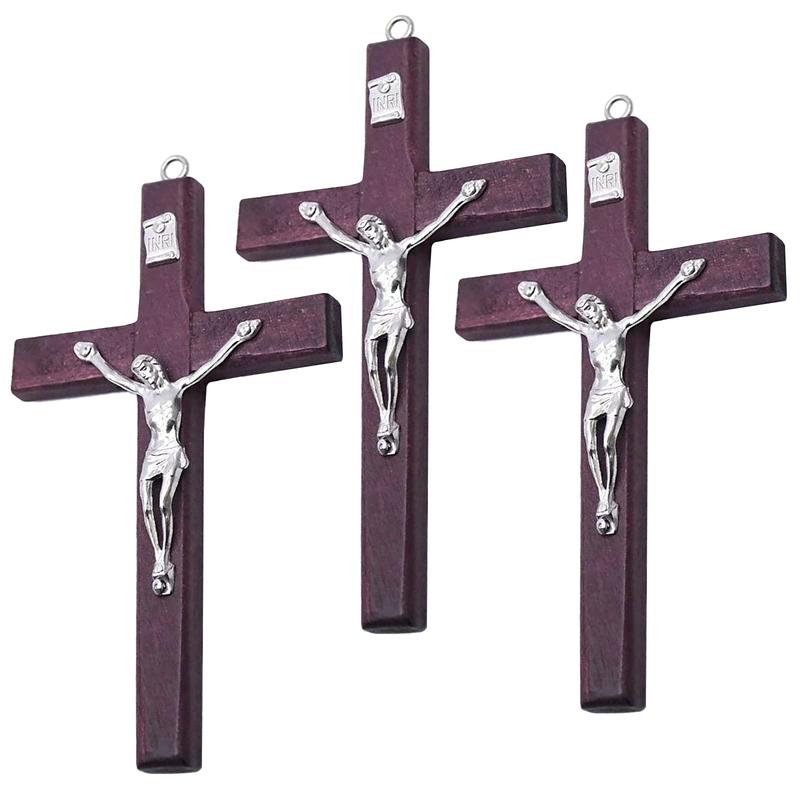 Catholic Crucifix Wall Cross 3 Pack, Small Wooden Cross with Jesus for Home Decor, 4.7 inches