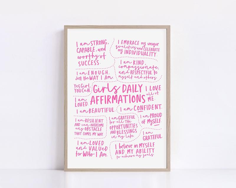 Aesthetic Pink Girly Wall Art, Girls Daily Affirmation Poster No Framed, Mindful Reminder Dorm Room Decor, Mental Health Art Therapy Office Decor, Gifts For Her, Wall Art, Wall Room Decor