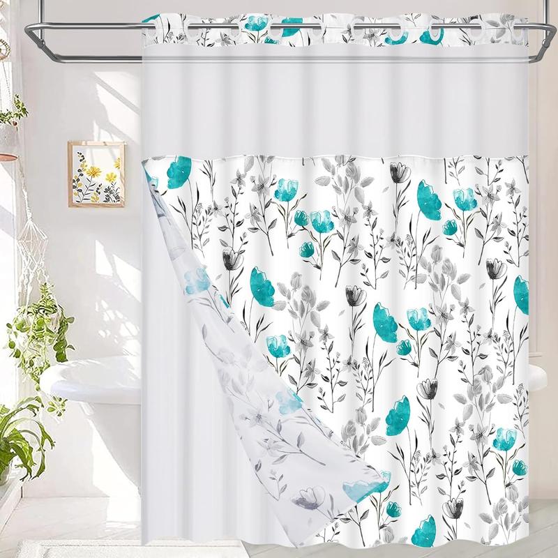 No Hooks Shower Curtain with Snap in Liner,  Floral Shower Curtain, See Through Shower Curtain Sets with Liner, Double Layer Bathroom Curtains for Hotel