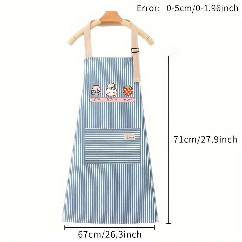 Cute Cartoon Pattern Apron, Stripe Design Breathable Cooking Apron with Pocket, Kitchen Cooking & Cleaning Apron, Household Kitchen Apron