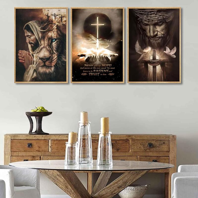 3Pcs Jesus Wall Art Jesus Lion Posters Pictures Christian Paintings Cross Bible Art Canvas Prints Cross And Peace Dove Decor Redemption And God Series for Room Religious Churches Wall Decor Unframed