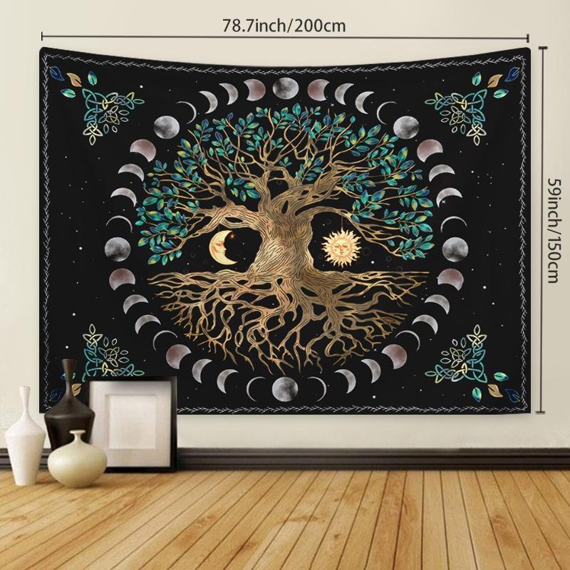 Festival Adornment, Tree Pattern Tapestry, Boho Mandala Tapestry, Hippie Sun & Moon Pattern Hanging Cloth, Fantasy Tree Print Tapestry polyester tapestry