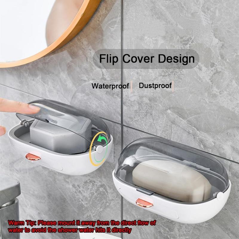 2 Pack Shower Soap Dish Holder with Lid, Bar Soap Holder with Drain, Wall Mounted Soap Box Container for Shower, Bathroom, Bathtub, Kitchen Sink, Adhesive Included