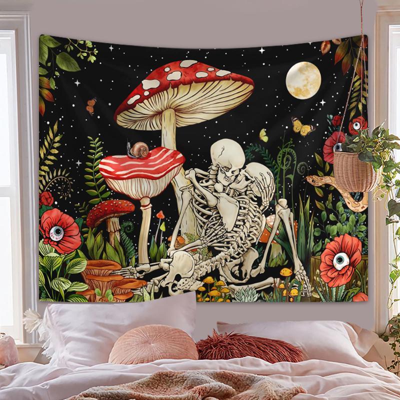 Halloween Mushroom & Bone Printed Tapestry, 1 Count Fantasy Flower Plant Aesthetics Tapestry for Home Decor, Halloween Decor 2024, Home Decoration Pendant, Room Accessories