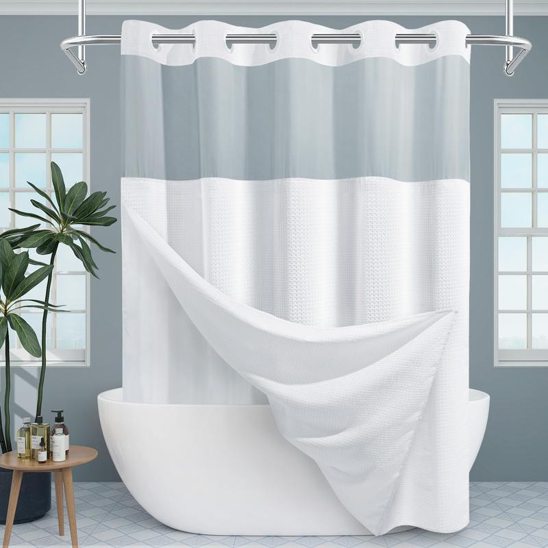 EUTXL 256GSM Waffle Weave Textured Heavy Duty NO HOOKS Shower Curtain and Liner set - Hotel Luxury Weighted Bath Curtain,71W x 74H,71W x 86H