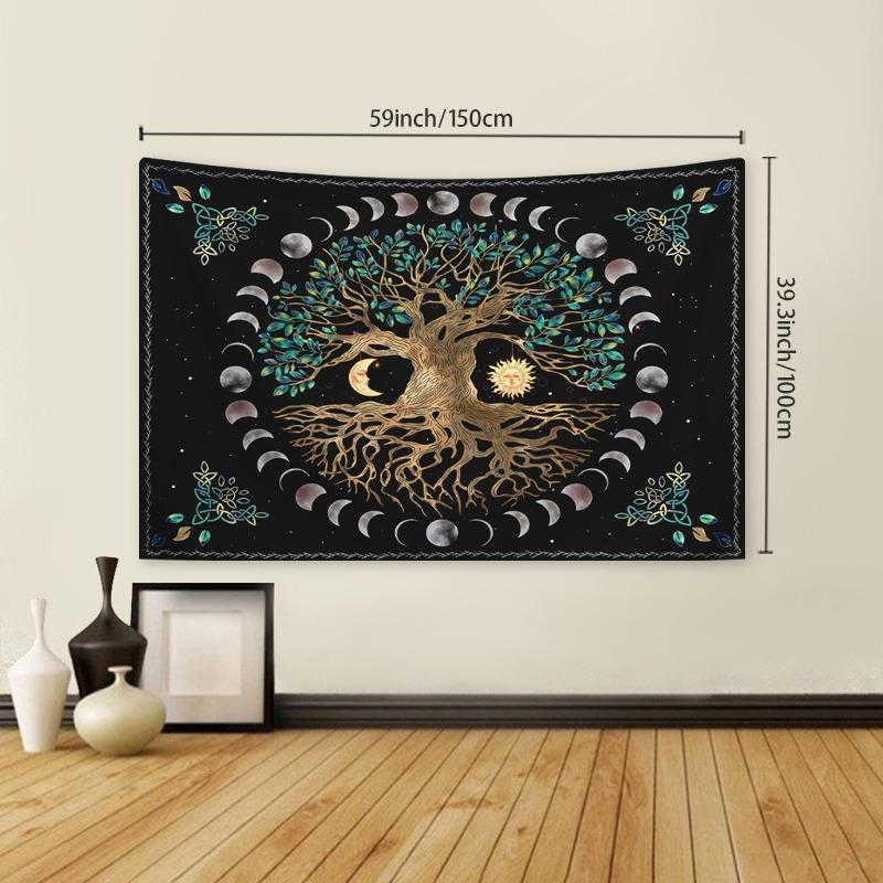 Festival Adornment, Tree Pattern Tapestry, Boho Mandala Tapestry, Hippie Sun & Moon Pattern Hanging Cloth, Fantasy Tree Print Tapestry polyester tapestry