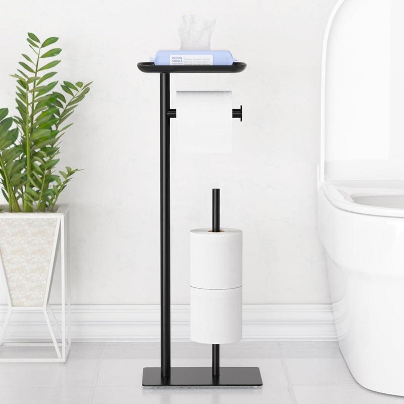 Black Toilet Paper Holder Stand with Top Storage Shelf, Free Standing Toilet Roll Dispenser for Bathroom, Holds 4 Reserve Rolls