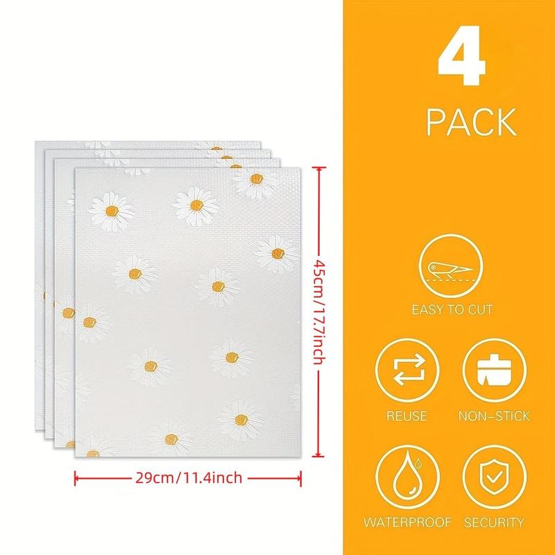 Daisy Pattern Refrigerator Liner, 4pcs Waterproof Washable Fridge Liner, Non-slip Shelf Liner for Refrigerator Cabinet Drawer, Freezer Safe