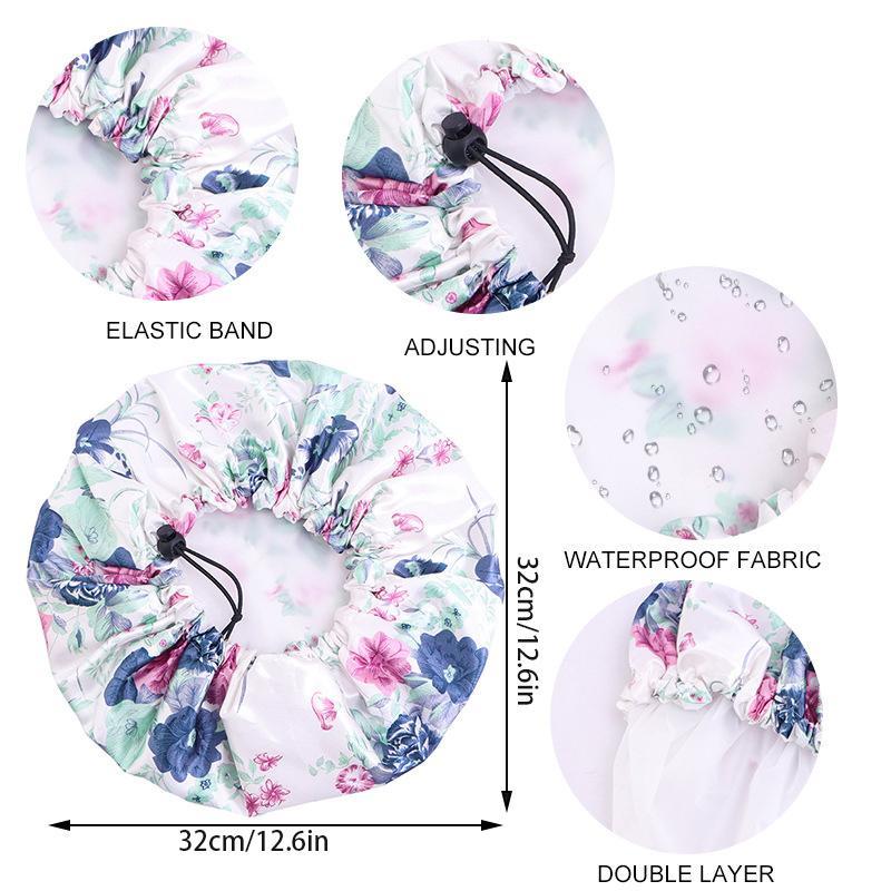 Printed Reusable Shower Cap, 1 Count Waterproof Elastic Shower Cap, Double Layer Shower Cap For Bathroom