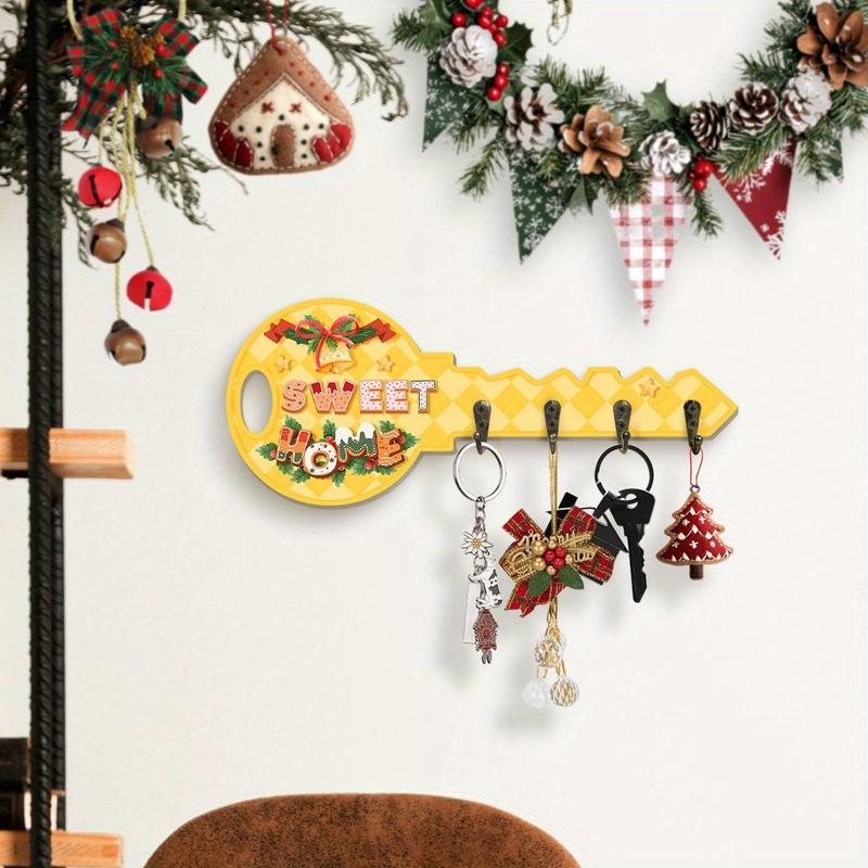 Wooden Key Hanging Board, 1 Count Christmas Themed Wall Key Chain Decoration, Wall Key Hook for Entrance Hallway Front Door, Home Decor