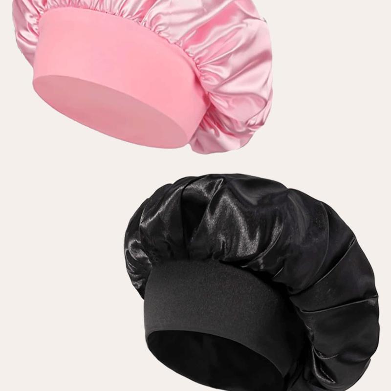 2pcs Women Solid Color Wide Brim Elastic Satin Soft Comfortable Breathable Everyday Hair Care Sleep Cap