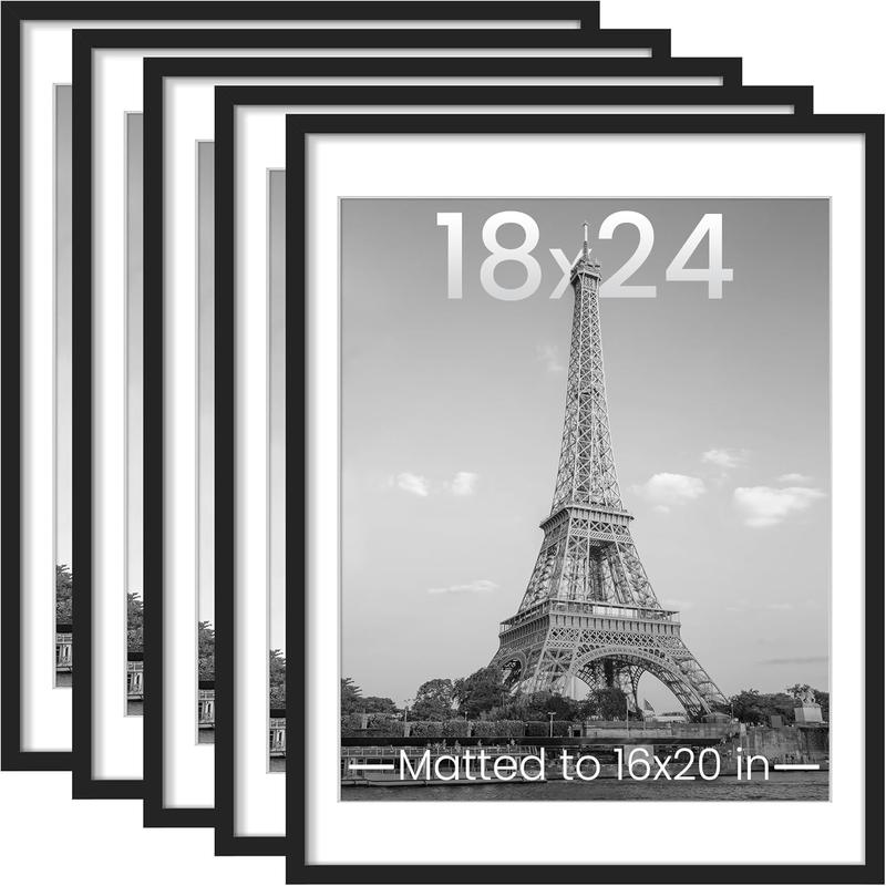 18x24 Picture Frame Set of 5, Display Pictures 16x20 with Mat or 18x24 Without Mat, Wall Gallery Photo Frames, Black