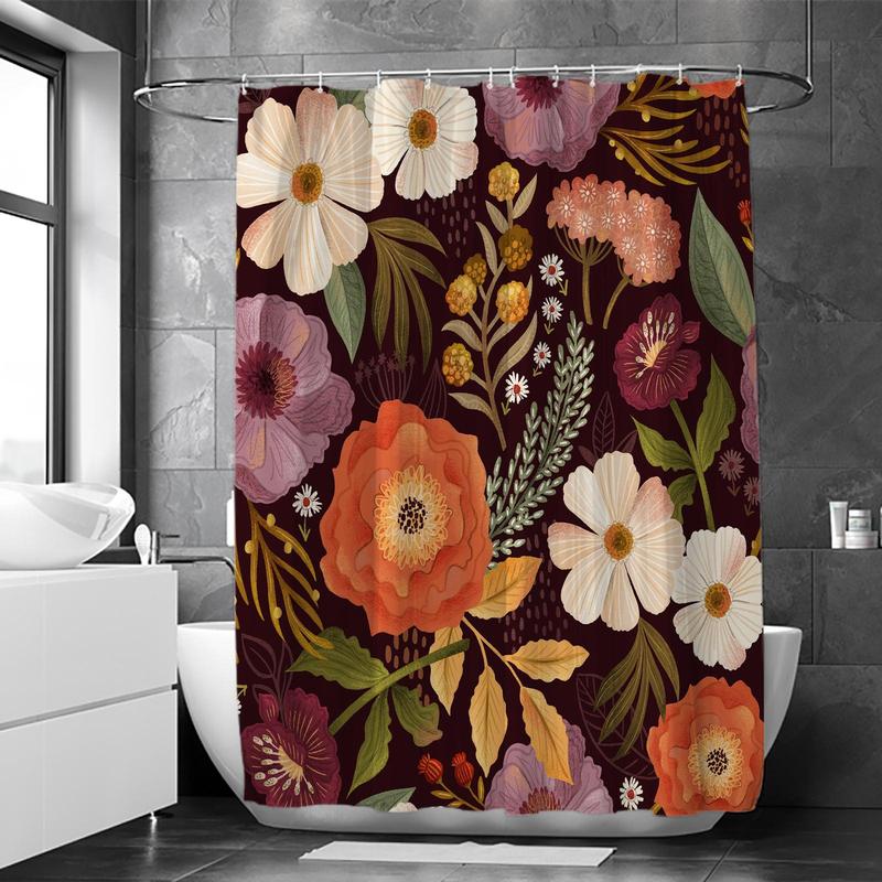 Bohemian Floral Pattern Shower Curtain, 1 Count Waterproof Shower Curtain with Hooks, Bathroom Supplies for Home Decor