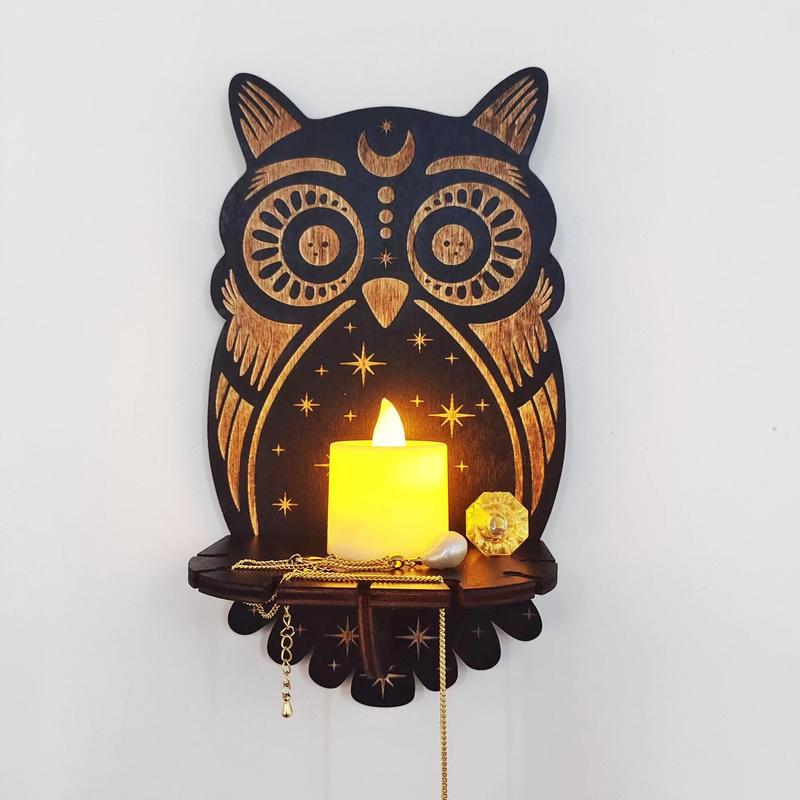 Owl Design Wall Hanging, Exquisite Creative Wooden Candle Rack, Decorative Hanging Ornament for Home Living Room Bedroom Gallery Office