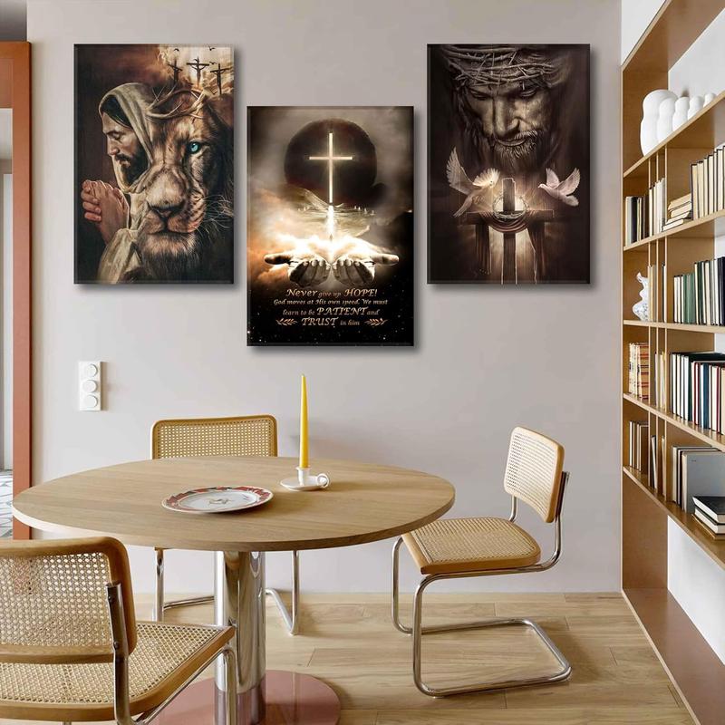 3Pcs Jesus Wall Art Jesus Lion Posters Pictures Christian Paintings Cross Bible Art Canvas Prints Cross And Peace Dove Decor Redemption And God Series for Room Religious Churches Wall Decor Unframed