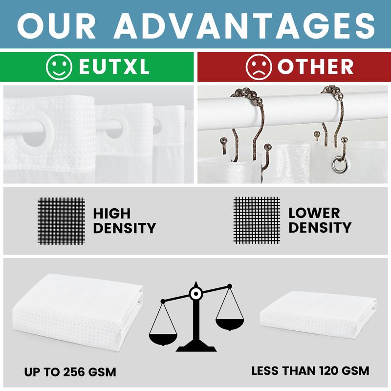 EUTXL 256GSM Waffle Weave Textured Heavy Duty NO HOOKS Shower Curtain and Liner set - Hotel Luxury Weighted Bath Curtain,71W x 74H,71W x 86H