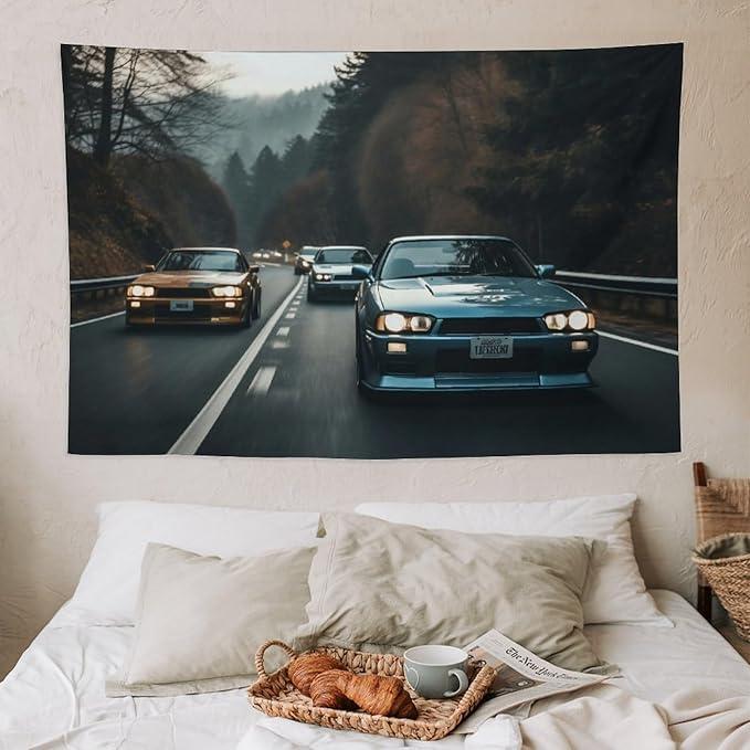 Jdm Car R34 60*51Tapestry Aesthetic Wall Hanging Decoration Home Living Bedroom Dorm Wall Art Tapestries Classic Retro Gallop Race