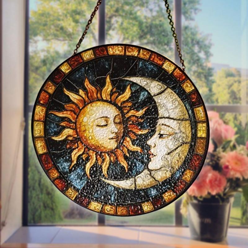 Sun & Moon Stained Glass Sun Catcher, Featuring Faces, Window Hanging Decor, Ideal Gift for Home Decoration.