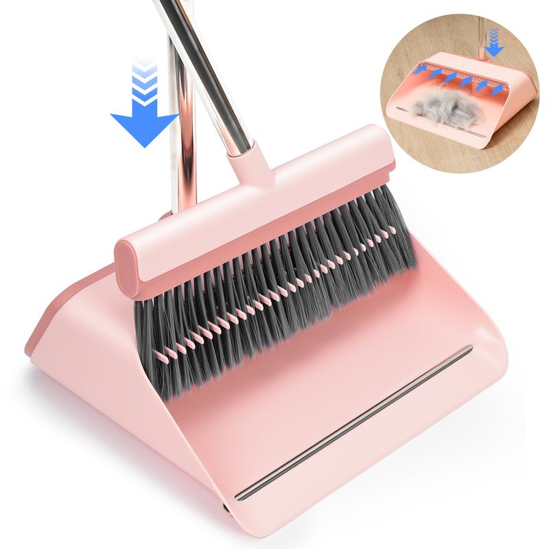 Pink Broom and Dustpan Set-Self-Cleaning with Dustpan Teeth, Large Upright Duspan and brush with 53.14'' Long Adjustable Handle for Indoor&Outdoor Sweeping, Home Kitchen Office Restaurant Hall Floor