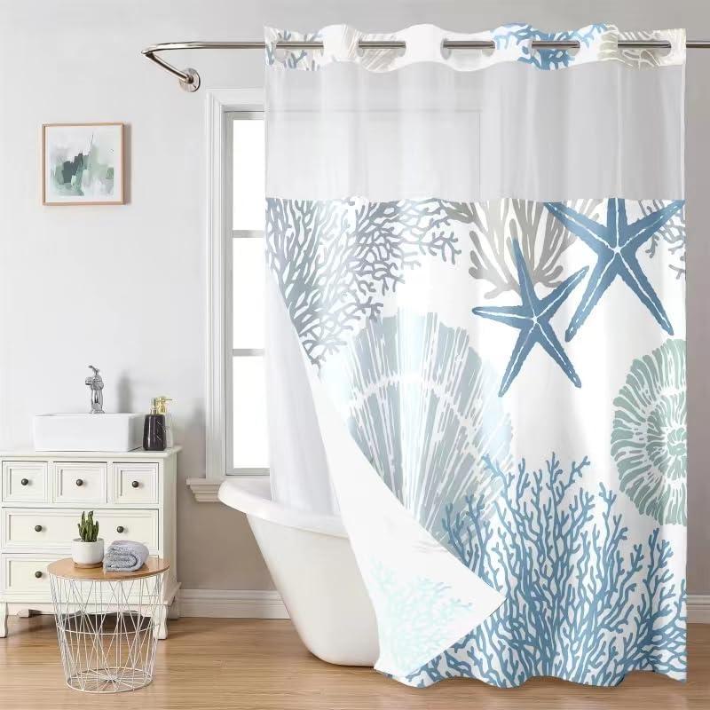 No Hook Shower Curtain with Snap in Liner, Nautical Coastal Seashell Beach Shower Curtains, Hotel Shower Curtain, Ocean Themed Shower Curtains for Bathroom Decor, 72