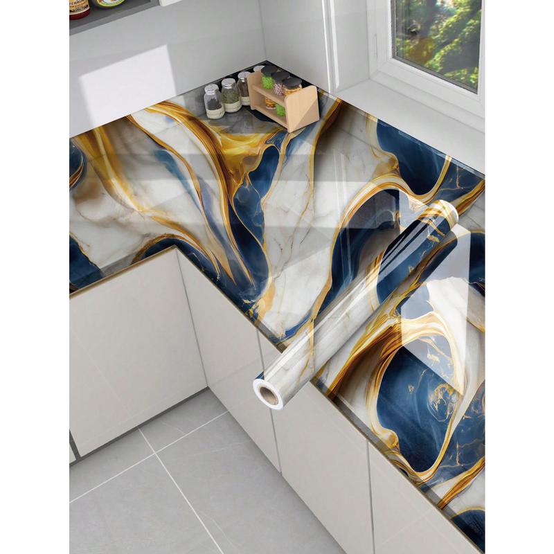 1Pc Dark Blue And Gold Marbling Waterproof And Oil Proof Pvc Self-Adhesive Kitchen Accessories Drawer Shelf Liner, Table Countertop Protection Sticker, Household Chalkboard Sticker, Marble Wallpaper