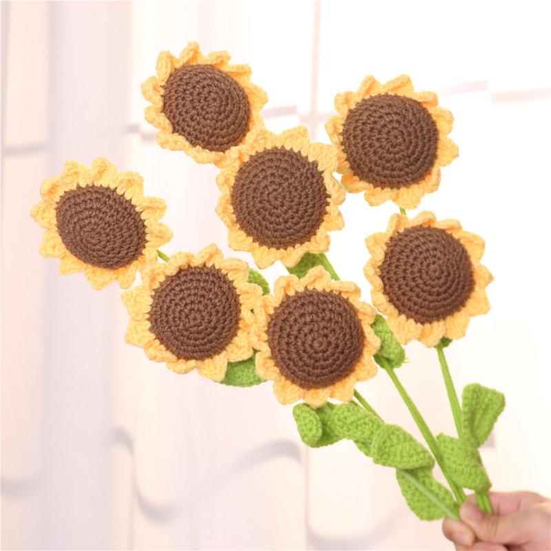 Sunflower Design Crochet Flower, 7 Counts set Artificial Handmade Crochet Flower without Vase,  Sunflower Bouquet, Home Decor for Living Room Bedroom, Summer Gifts