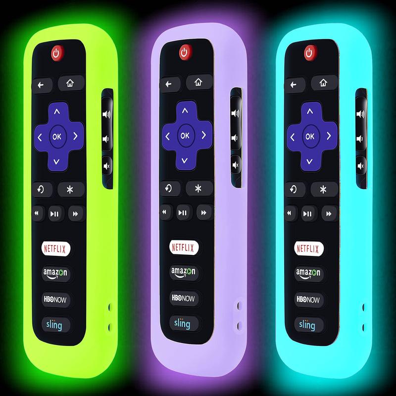 3 Pack Remote Case for Roku, Battery Cover TCL Roku Smart TV Steaming Stick Remote, Silicone Protective Controller Universal Sleeve Skin Glow in The Dark Green Purple Blue