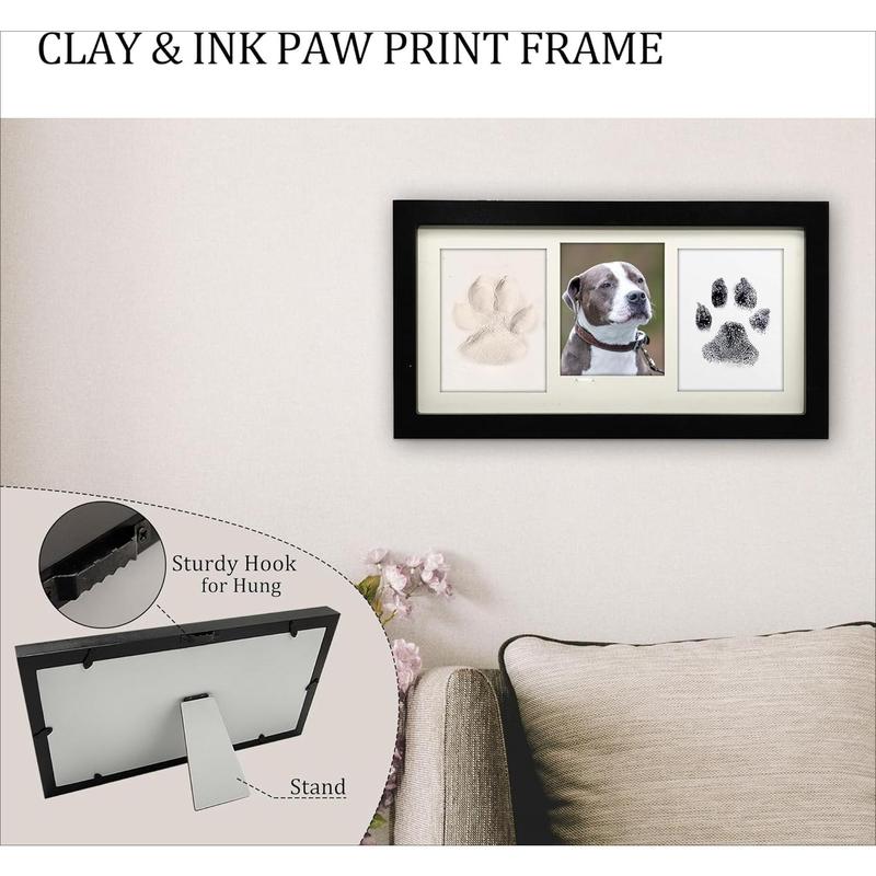 Oversized Paw Print Picture Frame Kit, Dog Cat Paw Print Kit, Paw Print Clay and Clean Touch Ink Pad, Wooden Pet Memorial Photo Frame - Black Decor