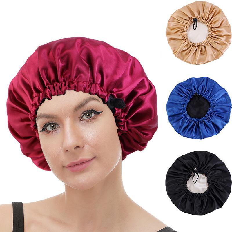 Double-layer Flat Buckle Adjustable Satin Sleeping Cap, 1 Count Solid Color Shower Cap, Hair Care Cap For Women & Men