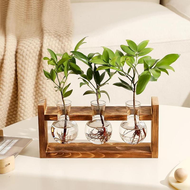 Wooden Plant Holder without Plant, 1 Count Creative Glass Vase with Wooden Stand, Desktop Plant Holder for Home Office Desktop Decoration