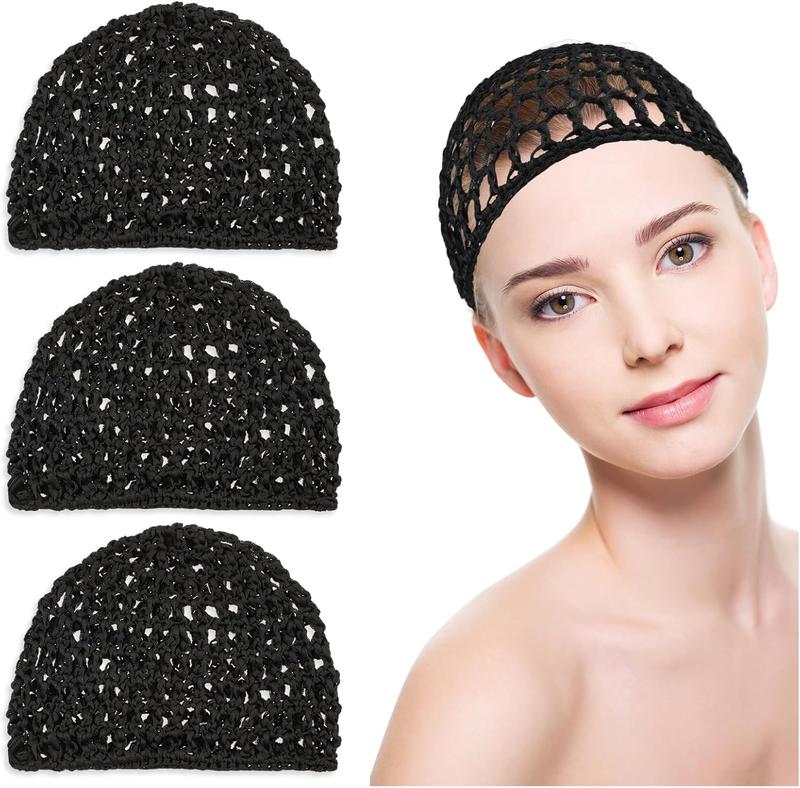 3count Crochet Hair Net, Hair Wrap Net, Mesh Wrapping Hair Nets Cap Soft Reusable Crocheted Sleep Cap for Women, Hair Wrap for Sleep Hair Silk Tidy (Black)