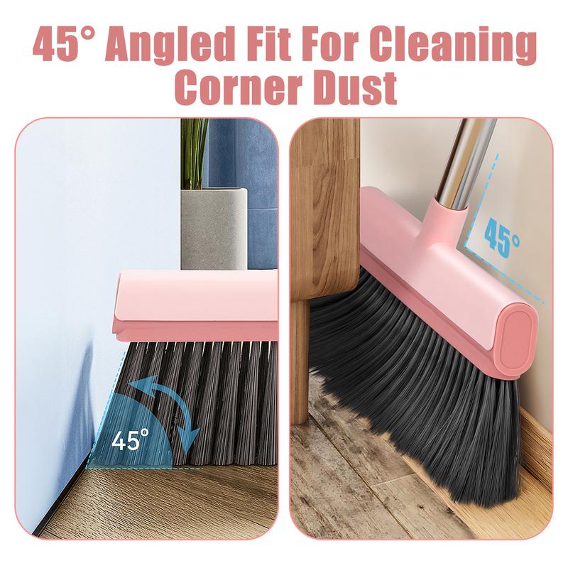 Pink Broom and Dustpan Set-Self-Cleaning with Dustpan Teeth, Large Upright Duspan and brush with 53.14'' Long Adjustable Handle for Indoor&Outdoor Sweeping, Home Kitchen Office Restaurant Hall Floor