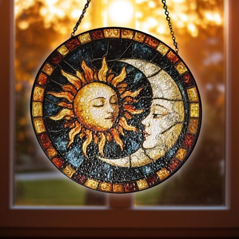 Sun & Moon Stained Glass Sun Catcher, Featuring Faces, Window Hanging Decor, Ideal Gift for Home Decoration.