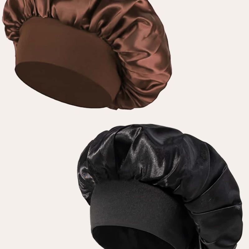 2pcs Women Solid Color Wide Brim Elastic Satin Soft Comfortable Breathable Everyday Hair Care Sleep Cap