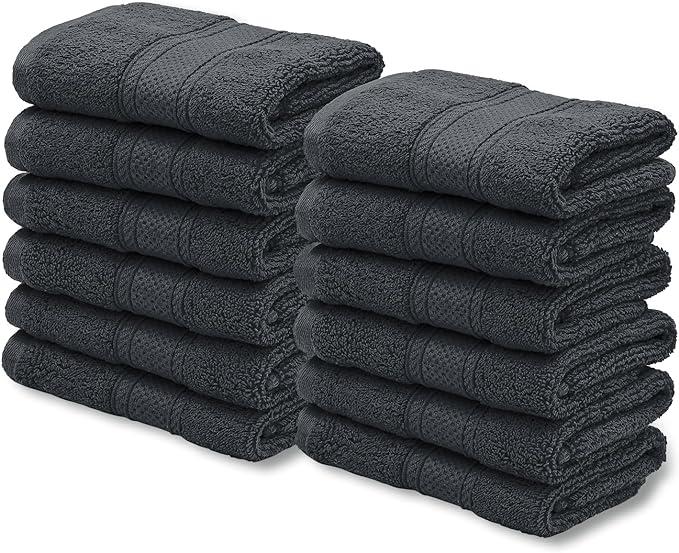 QUBA LINEN 100% Cotton - Wash Cloth Set - Pack of 12, Flannel Face Cloths, Highly Absorbent and Soft Feel Fingertip Towels (Gray, 12x12 Pack of 12) Bath