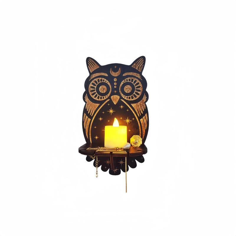 Owl Design Wall Hanging, Exquisite Creative Wooden Candle Rack, Decorative Hanging Ornament for Home Living Room Bedroom Gallery Office