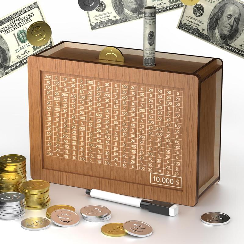 10000 Savings Challenge Box Cash Vault Wooden Coin Bank Money Saving Box with Target and Numbers - Piggy Bank  Money Box with Counter for Girls Boys, Brown