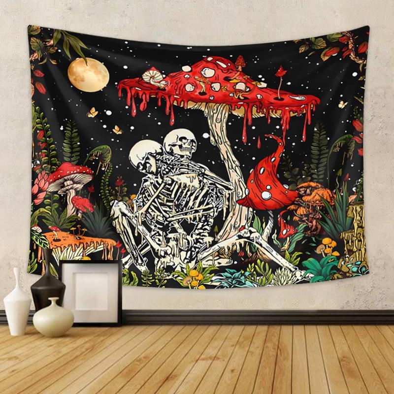 Halloween Mushroom & Bone Printed Tapestry, 1 Count Fantasy Flower Plant Aesthetics Tapestry for Home Decor, Halloween Decor 2024, Home Decoration Pendant, Room Accessories