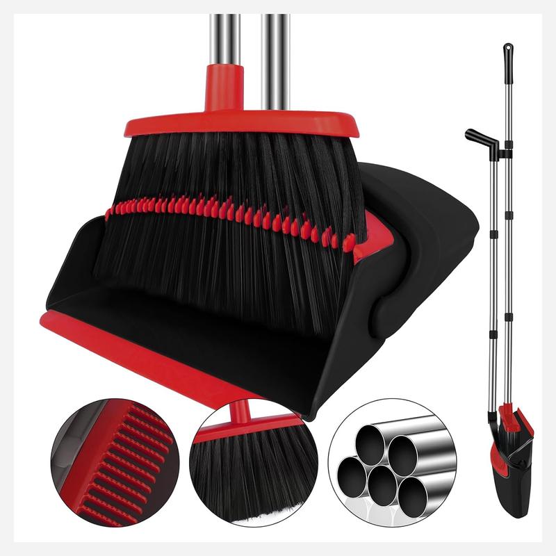 Broom and Dustpan Set for Household, Red House Broom with Dustpan Combo Set, 51 Long Handle Broom with Dustpan for   and Hair Clean