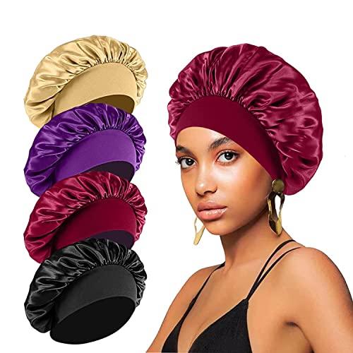 4PCS Silk Bonnet for Sleeping,Hair Satin Bonnets for Black Women Men,Hair Wrap Cap for Curly Hair,Elastic Wide Band Hair Bonnet Shower Cap for Sleeping (Black & Peacock Blue & Pink & Khaki)