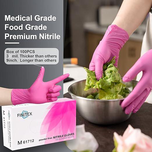 FINITEX Pink Nitrile - Disposable - Hair Dyeing - Beauty Salon - Kitchen Cooking - Household Cleaning - Home Care Durable Gloves