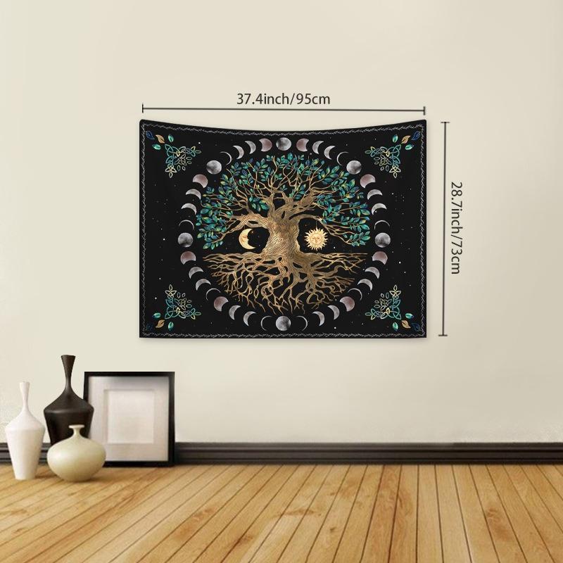 Festival Adornment, Tree Pattern Tapestry, Boho Mandala Tapestry, Hippie Sun & Moon Pattern Hanging Cloth, Fantasy Tree Print Tapestry polyester tapestry