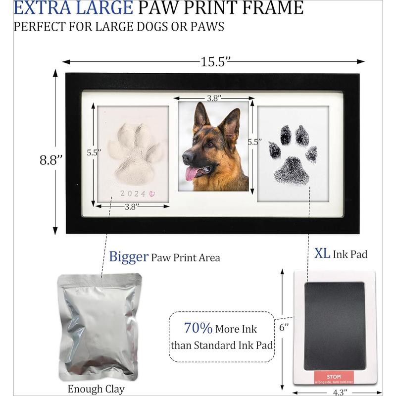 Oversized Paw Print Picture Frame Kit, Dog Cat Paw Print Kit, Paw Print Clay and Clean Touch Ink Pad, Wooden Pet Memorial Photo Frame - Black Decor