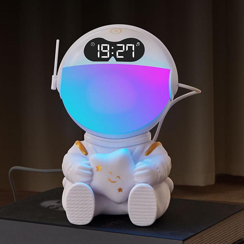 Astronaut Design Alarm Clock, USB Rechargeable Sunrise Simulation Alarm Clock with Wireless Speaker, Night Light, Gift