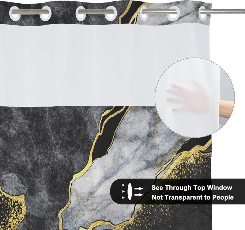 Hookless Shower Curtain with Snap in Liner Black Gold Marble Liner Set Modern Contemporary Crack Ink Texture Double Layers Waterproof See-Through Top Window Bathroom Decorative 71x83 inch