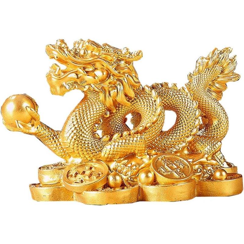 Feng Shui Dragon Statue- Chinese Dragon on Ancient Coins Figurine Ornament Attract Wealth and Good Luck Office Home Decor (Gold) Gift Decoration