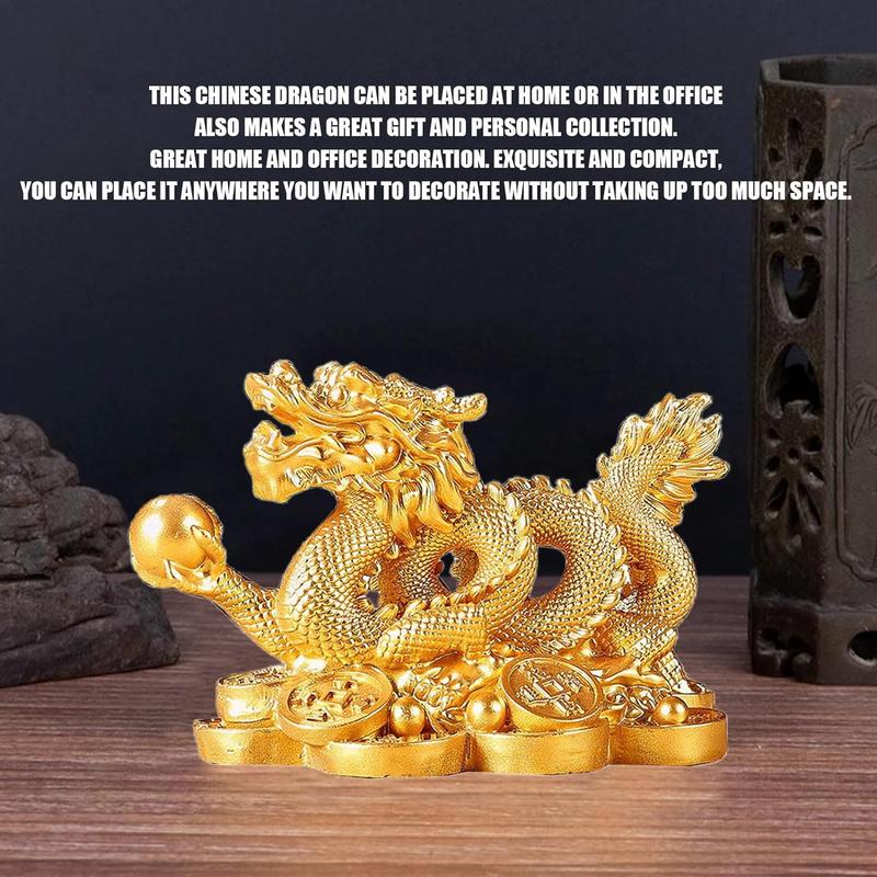 Feng Shui Dragon Statue- Chinese Dragon on Ancient Coins Figurine Ornament Attract Wealth and Good Luck Office Home Decor (Gold) Gift Decoration